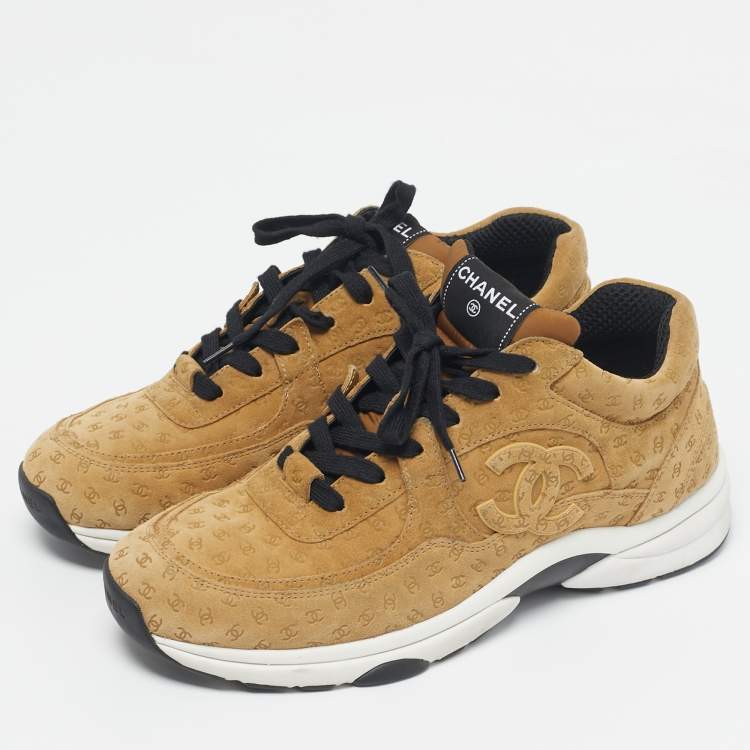 Pre Owned Chanel Tan CC Embossed Suede Low Top Sneakers Size 44