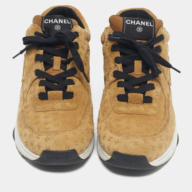Pre Owned Chanel Tan CC Embossed Suede Low Top Sneakers Size 44