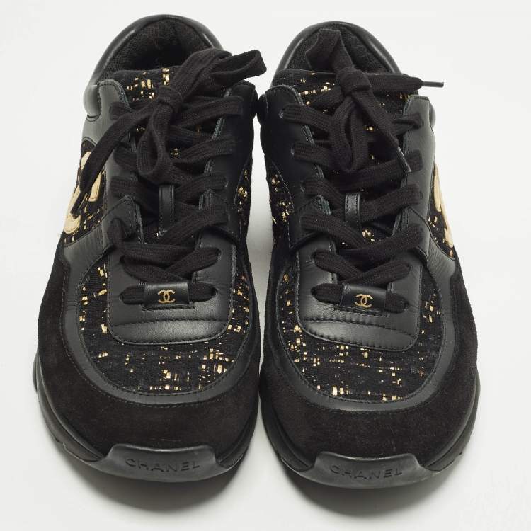 Pre Owned Chanel CC Size 42 Black Suede and Tweed Lace Up Sneakers