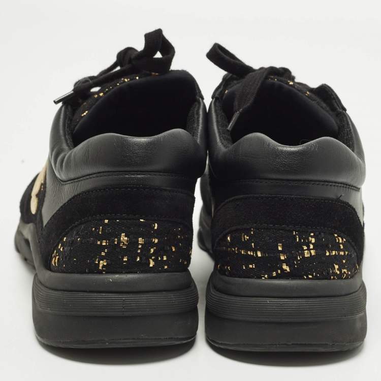 Pre Owned Chanel CC Size 42 Black Suede and Tweed Lace Up Sneakers