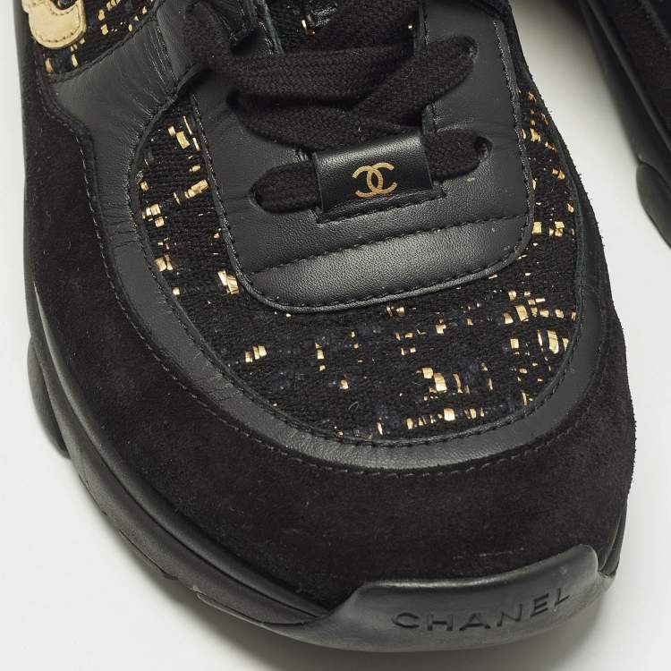 Pre Owned Chanel CC Size 42 Black Suede and Tweed Lace Up Sneakers