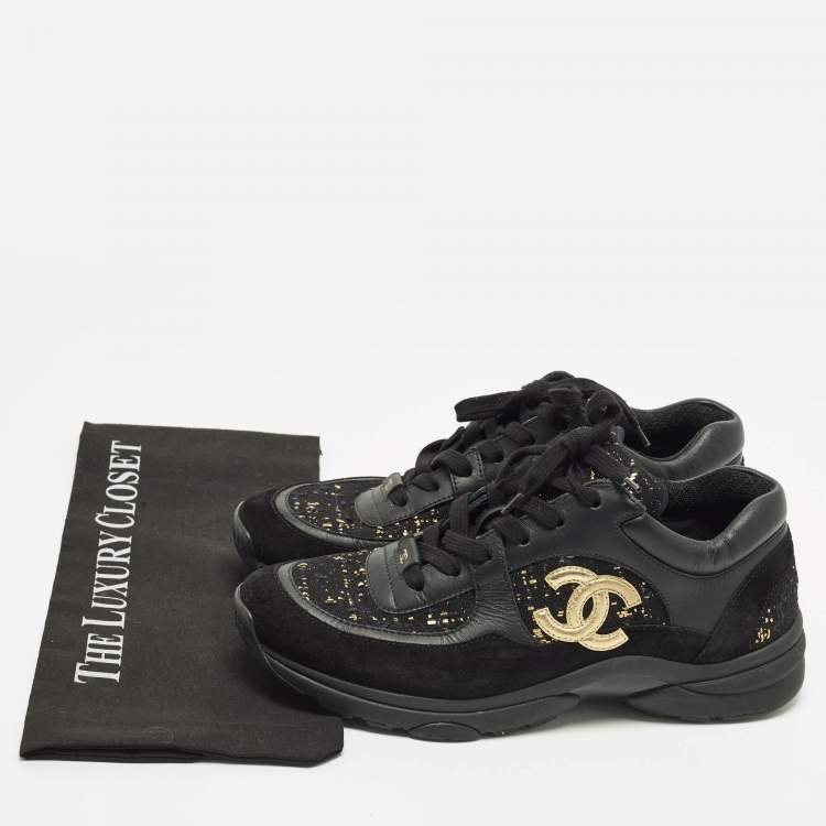 Pre Owned Chanel CC Size 42 Black Suede and Tweed Lace Up Sneakers