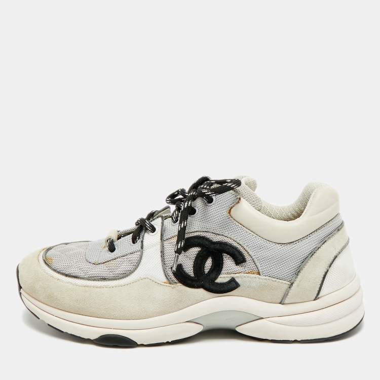 Pre Owned Chanel CC Size 44 Tricolor Canvas and Suede Lace Up Sneakers