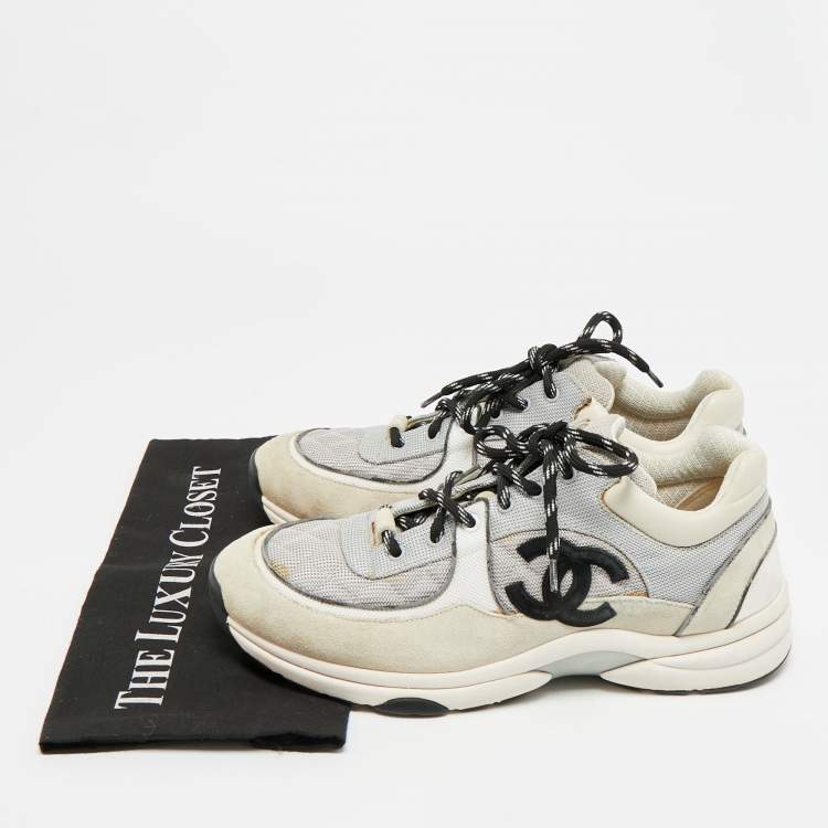 Pre Owned Chanel CC Size 44 Tricolor Canvas and Suede Lace Up Sneakers