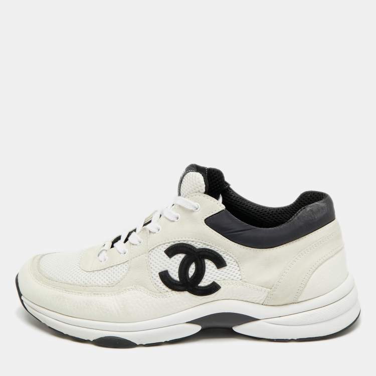 Pre Owned Chanel CC Size 46 White/Grey Leather and Suede Lace Up Sneakers