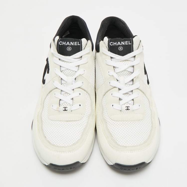 Pre Owned Chanel CC Size 46 White/Grey Leather and Suede Lace Up Sneakers