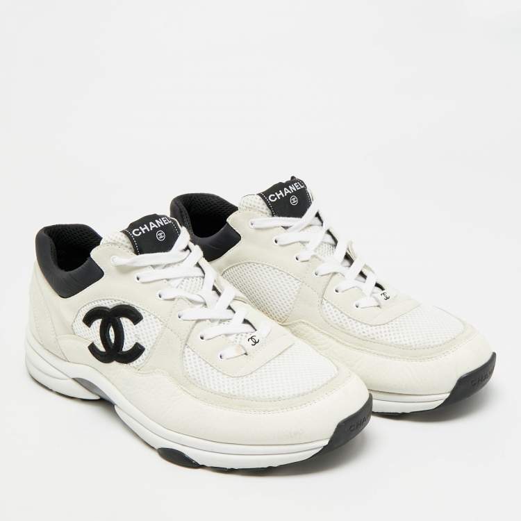 Pre Owned Chanel CC Size 46 White/Grey Leather and Suede Lace Up Sneakers