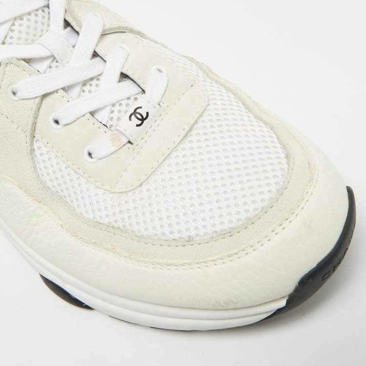 Pre Owned Chanel CC Size 46 White/Grey Leather and Suede Lace Up Sneakers