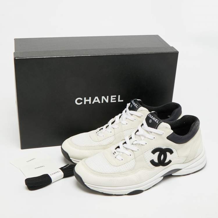 Pre Owned Chanel CC Size 46 White/Grey Leather and Suede Lace Up Sneakers