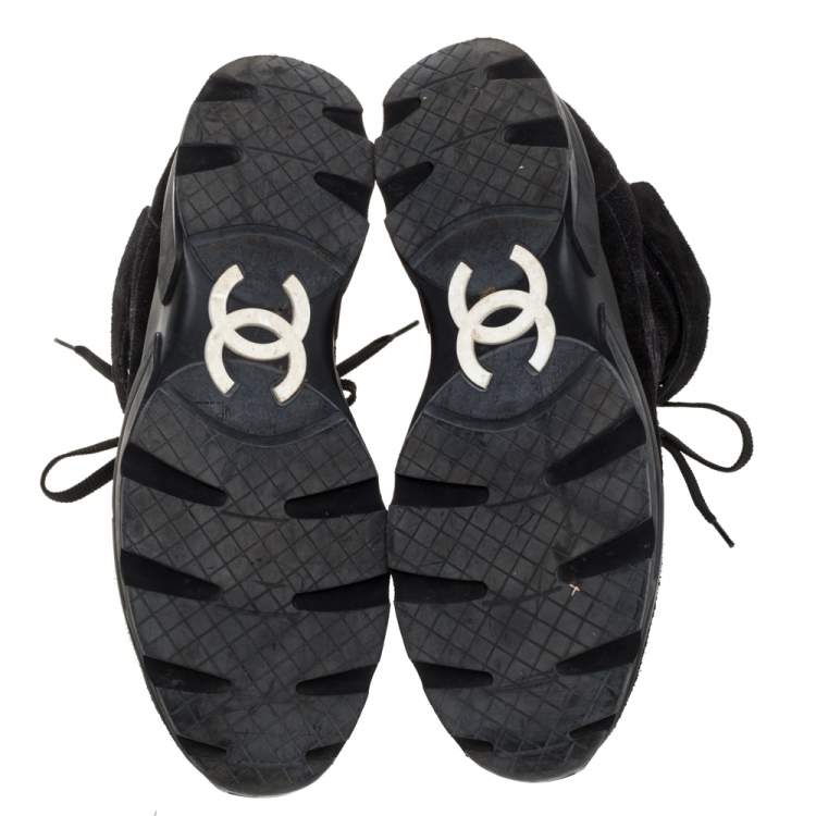 Pre Owned Chanel Black Shimmery Fabric and Suede CC High Top Sneakers Size 41