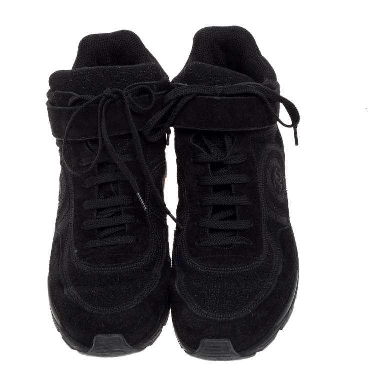 Pre Owned Chanel Black Shimmery Fabric and Suede CC High Top Sneakers Size 41