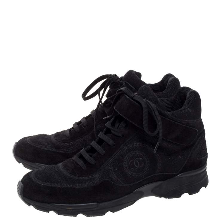 Pre Owned Chanel Black Shimmery Fabric and Suede CC High Top Sneakers Size 41