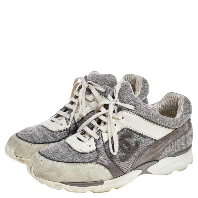 Pre Owned Chanel Grey Suede And Tweed CC Low Top Sneakers Size 41