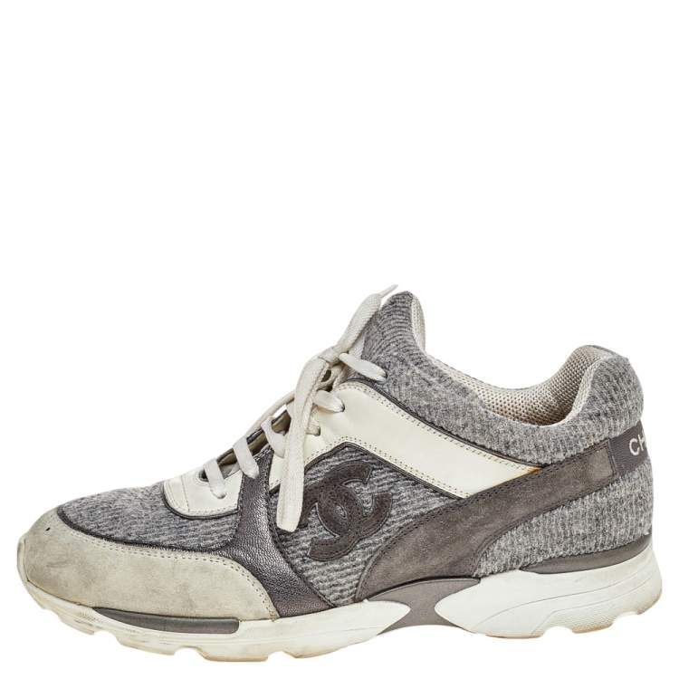 Pre Owned Chanel Grey Suede And Tweed CC Low Top Sneakers Size 41