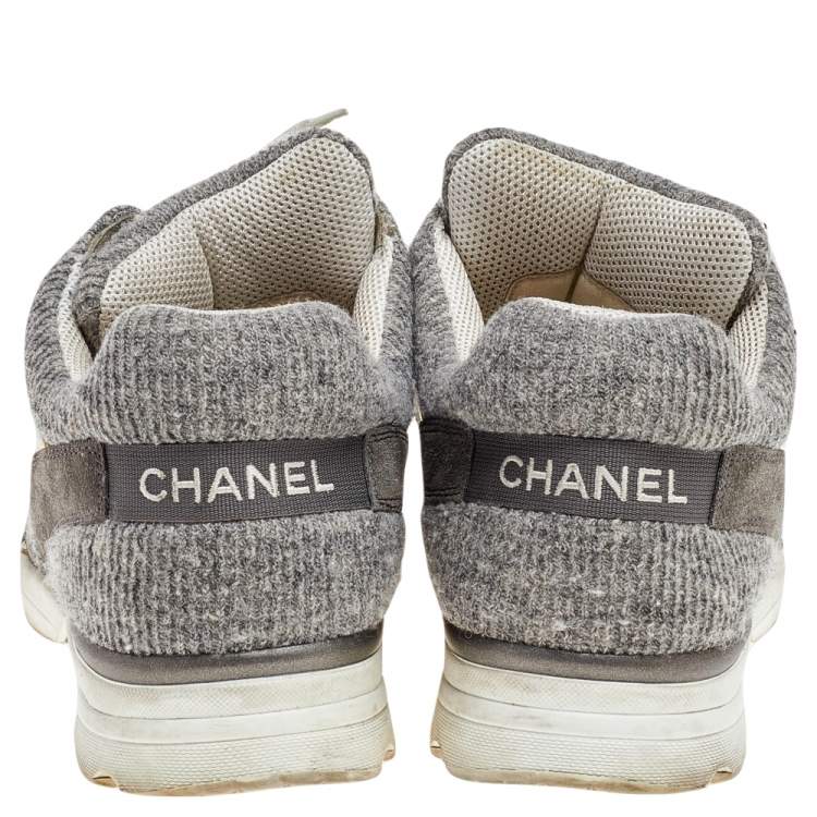 Pre Owned Chanel Grey Suede And Tweed CC Low Top Sneakers Size 41