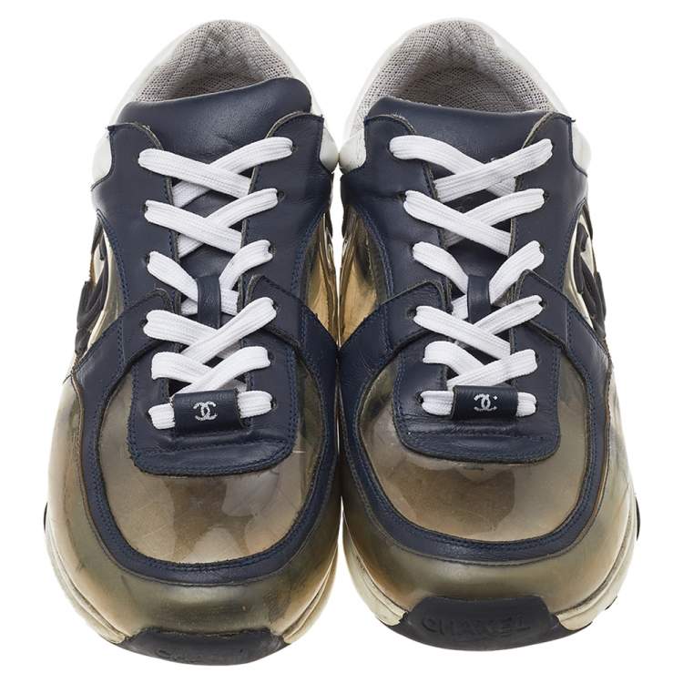 Pre Owned Chane Navy Blue Leather And PVC CC Low Top Sneakers Size 41