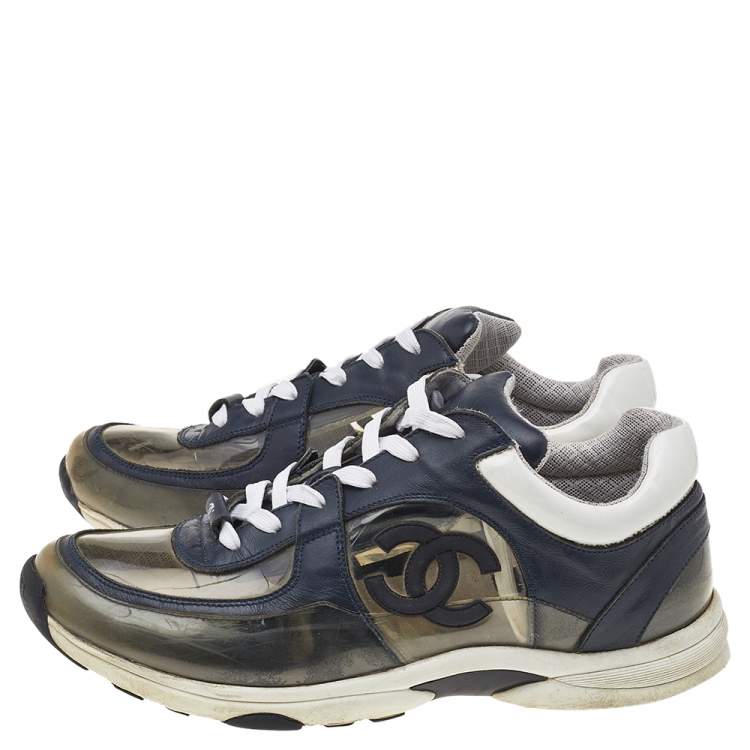 Pre Owned Chane Navy Blue Leather And PVC CC Low Top Sneakers Size 41