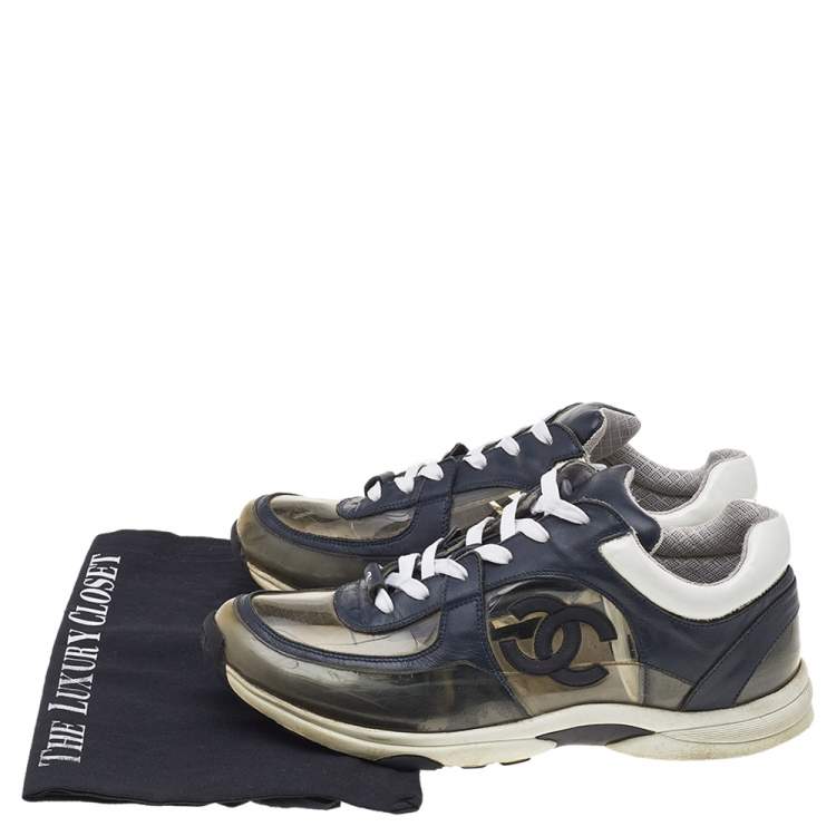 Pre Owned Chane Navy Blue Leather And PVC CC Low Top Sneakers Size 41
