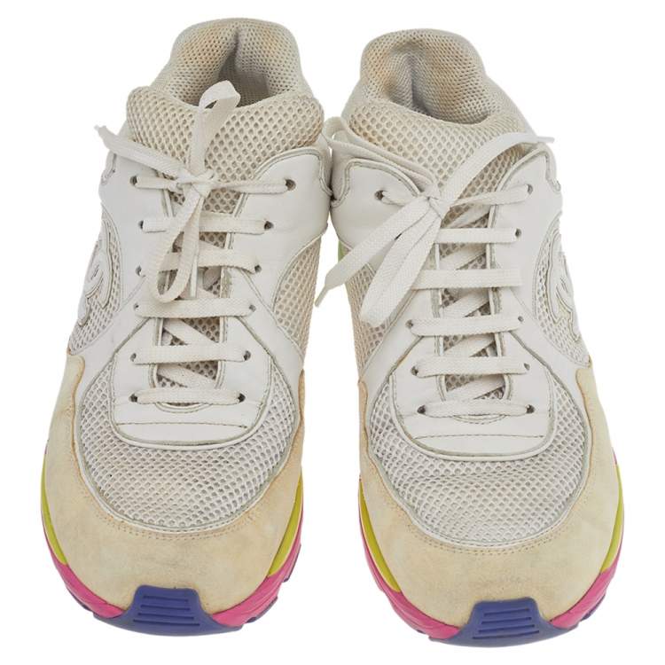 Pre Owned Chanel White/Cream Mesh And Suede CC Low Top Sneakers Size 42