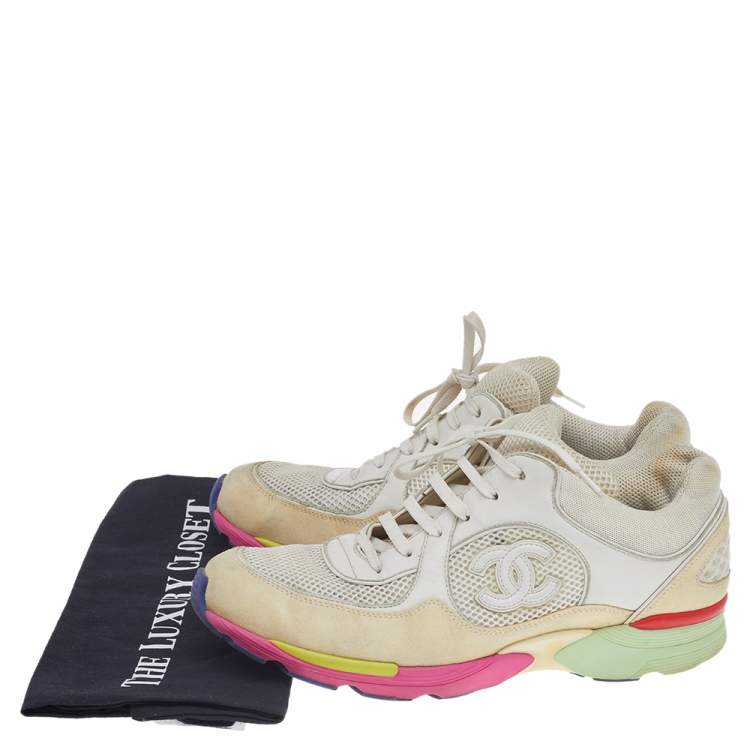 Pre Owned Chanel White/Cream Mesh And Suede CC Low Top Sneakers Size 42