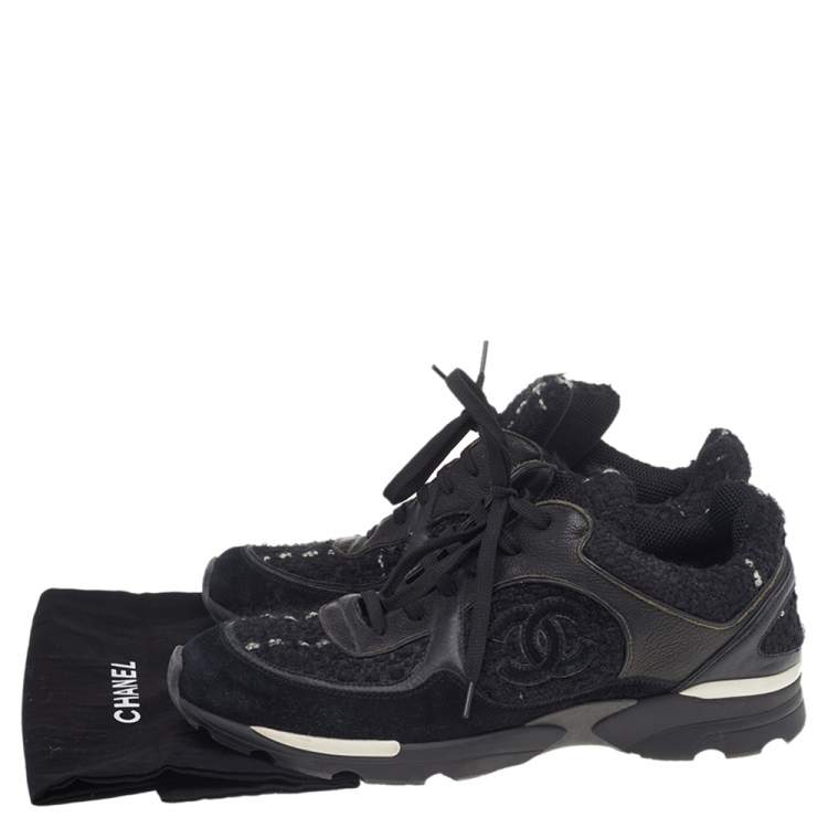 Pre Owned Chanel Black Tweed And Suede CC Low Top Sneakers Size 41