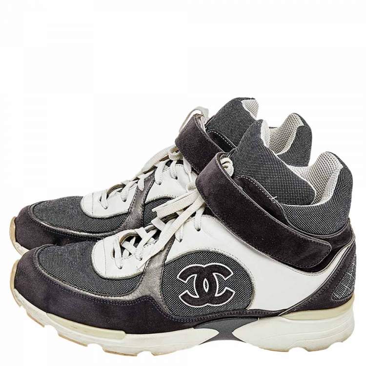 Pre Owned Chanel Grey/White Canvas And Leather CC Mid Top Sneakers Size 43