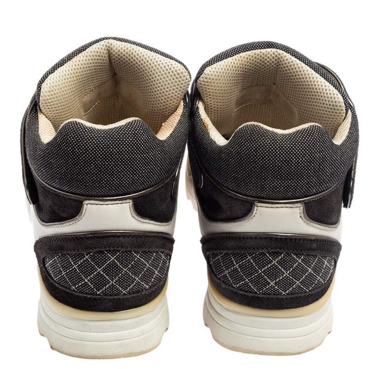 Pre Owned Chanel Grey-White Canvas, Suede, And Leather CC Mid Top Sneakers Size 41