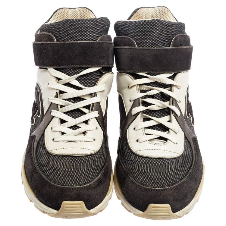Pre Owned Chanel Grey-White Canvas, Suede, And Leather CC Mid Top Sneakers Size 41