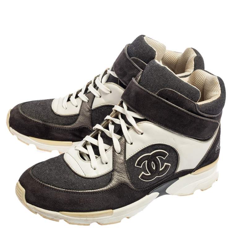 Pre Owned Chanel Grey-White Canvas, Suede, And Leather CC Mid Top Sneakers Size 41
