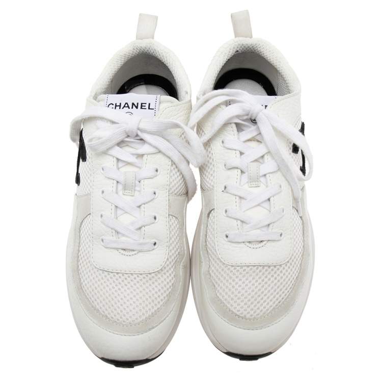 Pre Owned Chanel White Mesh and Leather CC Lace Up Sneakers Size 42