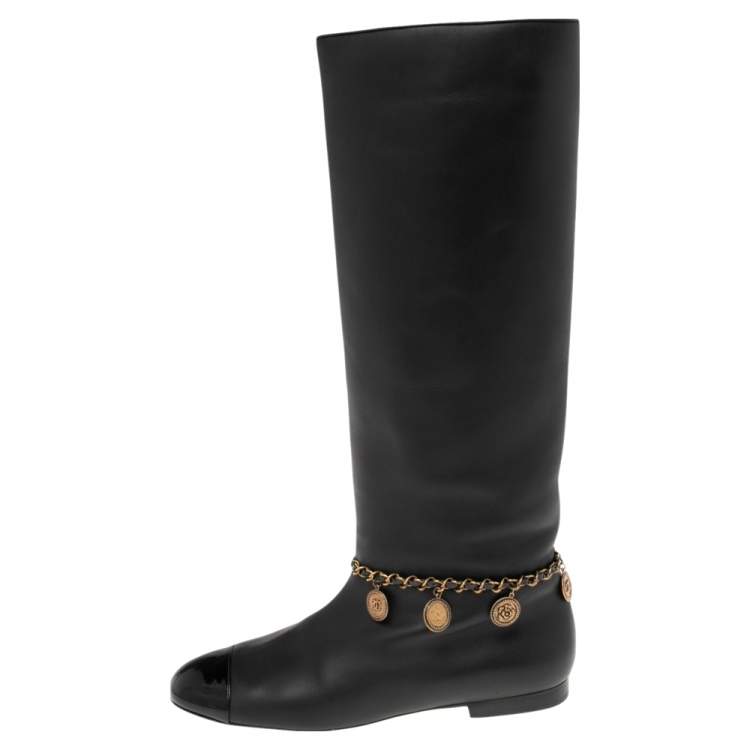 Chanel Black Leather CC Cap Toe Chain Embellished Knee Length Boots Size 40  Chanel