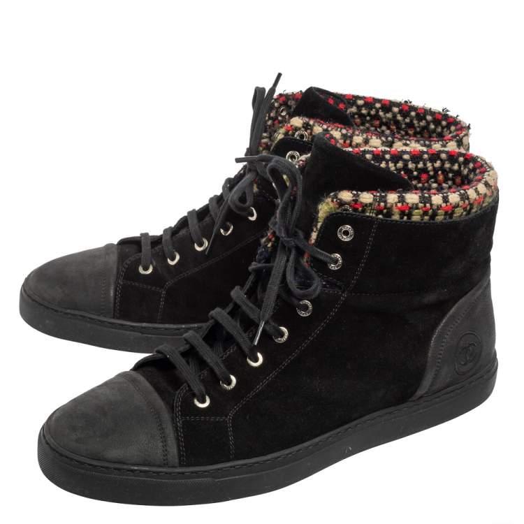 Pre Owned Chanel Black Suede, Leather and Tweed High-Top Sneakers Size 45 