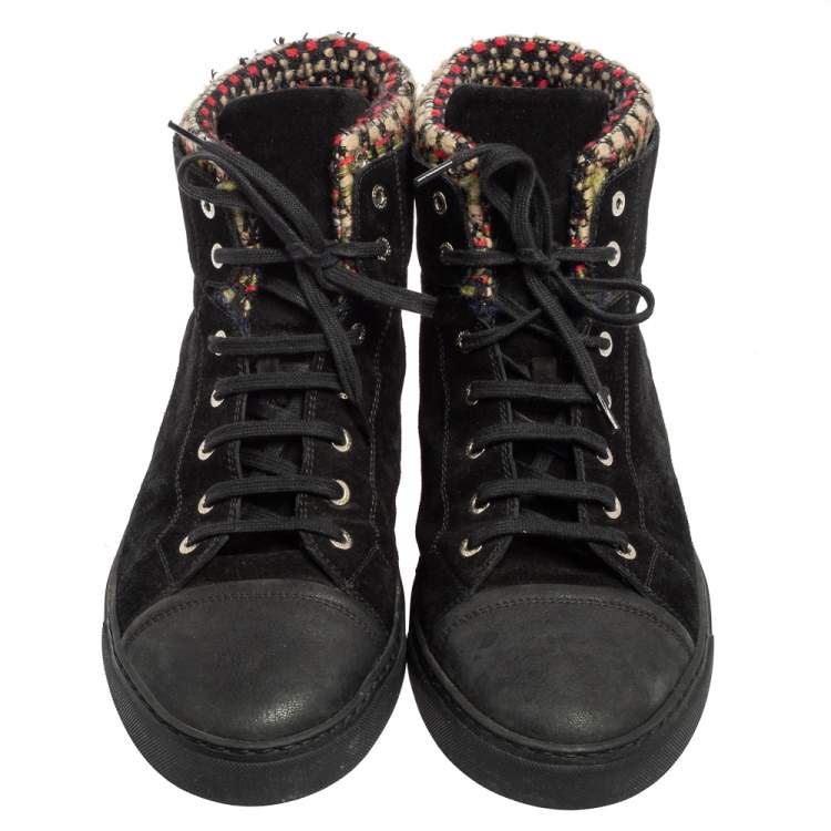 Pre Owned Chanel Black Suede, Leather and Tweed High-Top Sneakers Size 45 