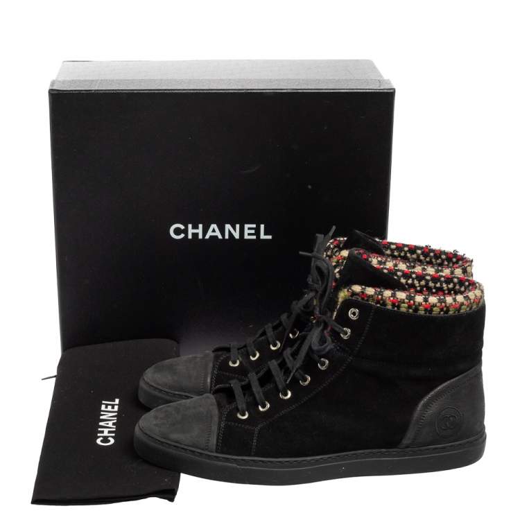 Pre Owned Chanel Black Suede, Leather and Tweed High-Top Sneakers Size 45 