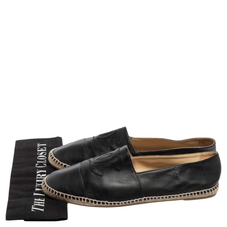 Pre Owned Chanel Black Leather CC Cap Toe  Espadrilles Flats Size 44