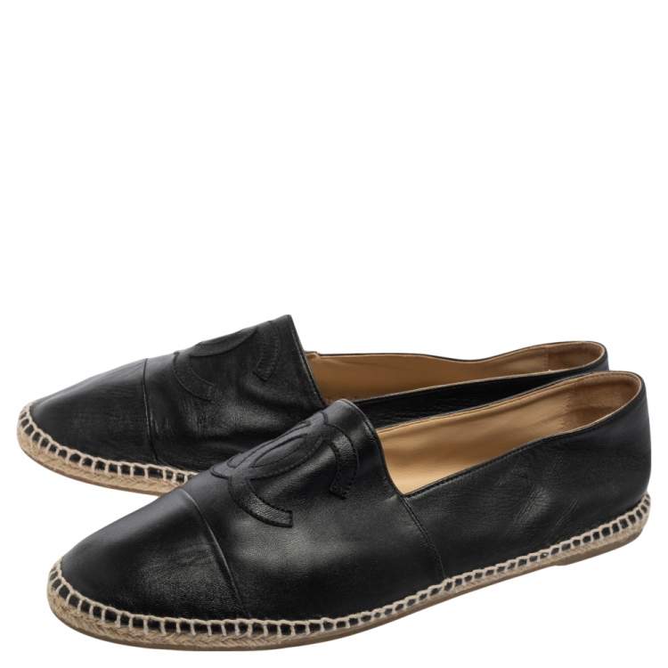Pre Owned Chanel Black Leather CC Cap Toe  Espadrilles Flats Size 44