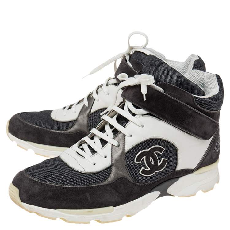 Pre Owned Chanel Grey/White Canvas And Leather CC High Top Sneakers Size 45