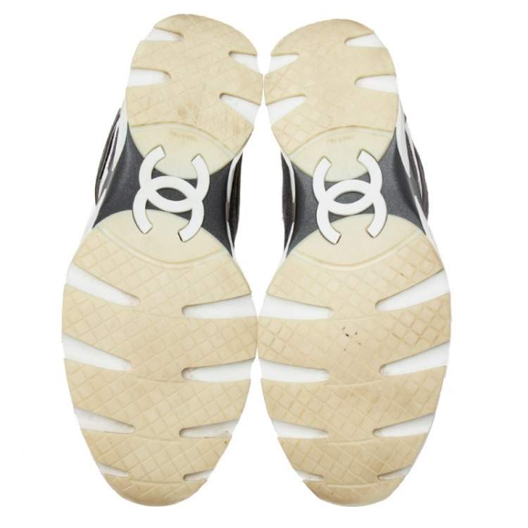 Pre Owned Chanel Grey/White Canvas And Leather CC High Top Sneakers Size 45