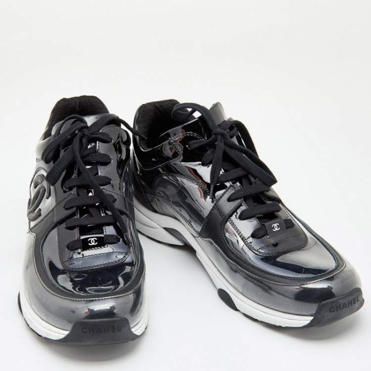 Pre Owned Chanel Black Patent Leather, PVC and Leather CC Logo Lace Up Sneakers Size 45