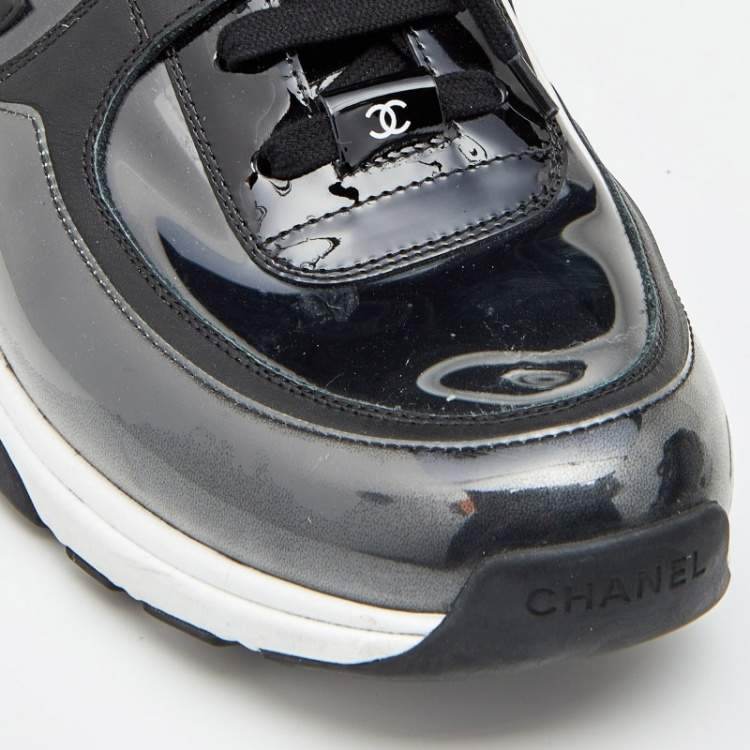 Pre Owned Chanel Black Patent Leather, PVC and Leather CC Logo Lace Up Sneakers Size 45