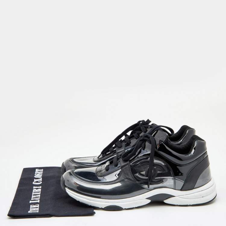 Pre Owned Chanel Black Patent Leather, PVC and Leather CC Logo Lace Up Sneakers Size 45