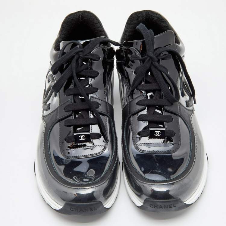Pre Owned Chanel Black Patent Leather, PVC and Leather CC Logo Lace Up Sneakers Size 45