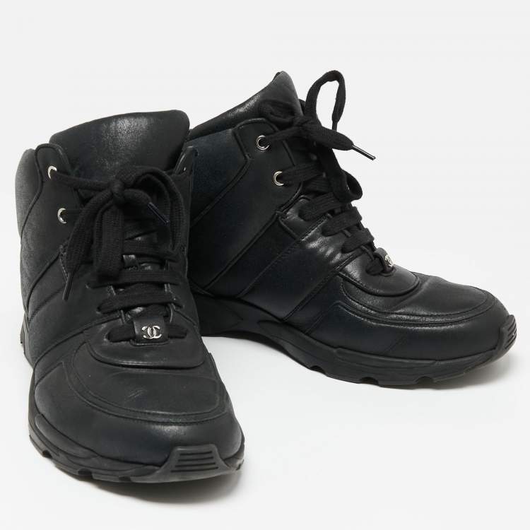 Pre Owned Chanel Black Leather And Mesh CC High Top Sneakers Size 43