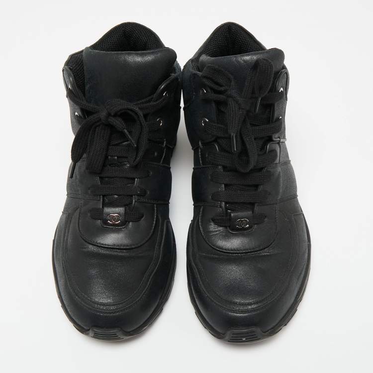 Pre Owned Chanel Black Leather And Mesh CC High Top Sneakers Size 43