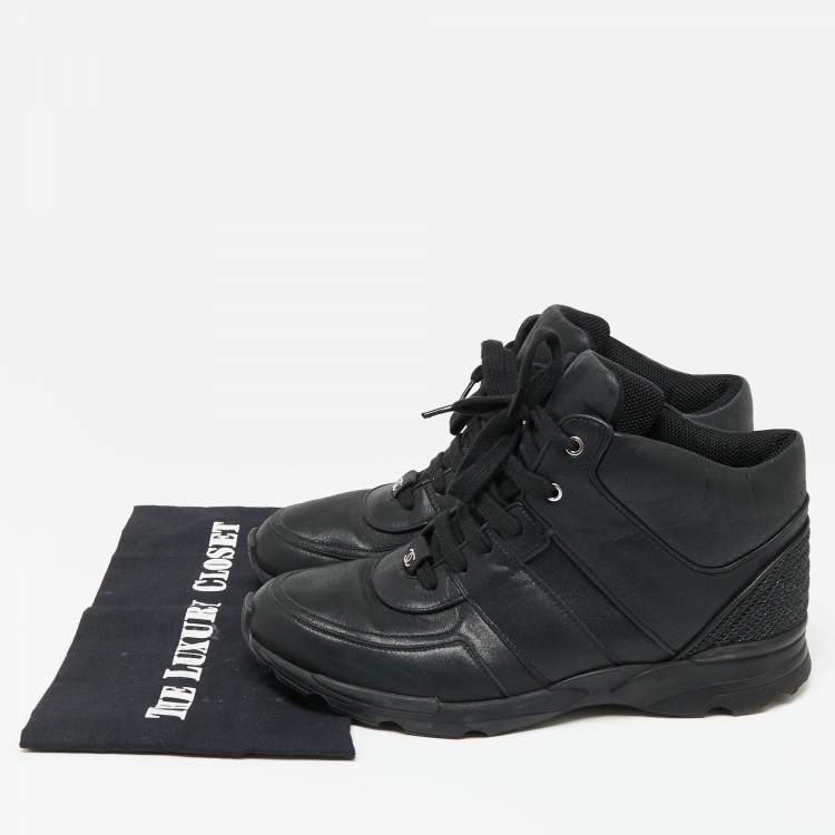 Pre Owned Chanel Black Leather And Mesh CC High Top Sneakers Size 43