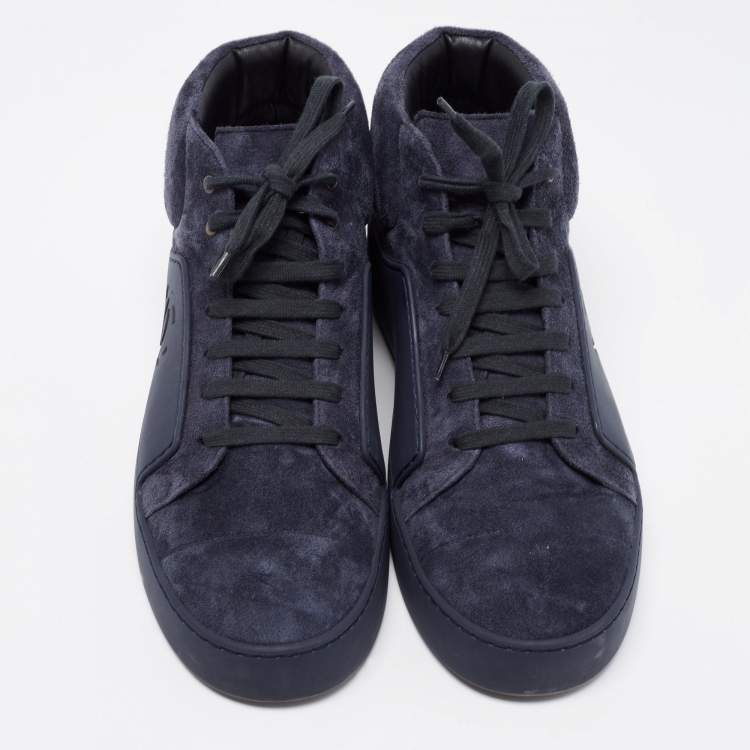 Pre Owned Chanel Navy Blue Suede And Rubber CC High Top Sneakers Size 44