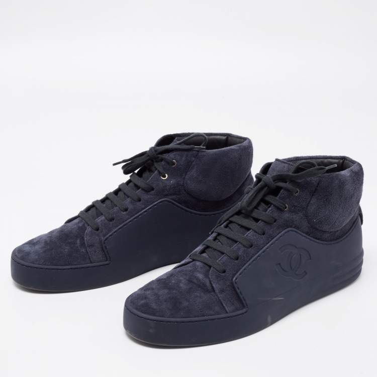 Pre Owned Chanel Navy Blue Suede And Rubber CC High Top Sneakers Size 44