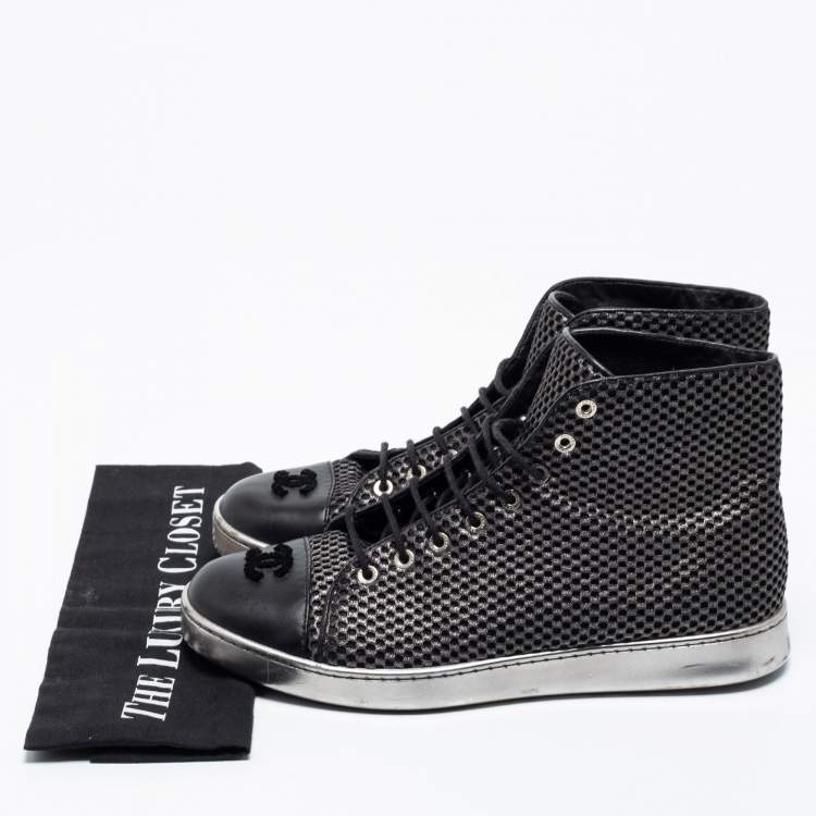 Pre Owned Chanel Black Mesh and Leather CC Cap Toe High Top Sneakers Size 40.5 