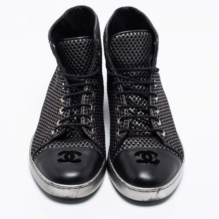 Pre Owned Chanel Black Mesh and Leather CC Cap Toe High Top Sneakers Size 40.5 