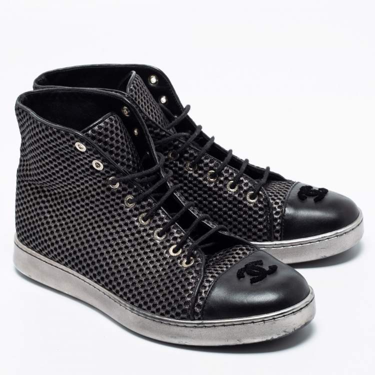 Pre Owned Chanel Black Mesh and Leather CC Cap Toe High Top Sneakers Size 40.5 